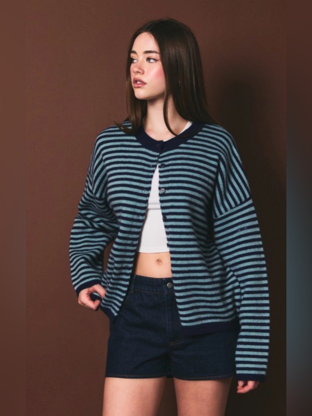 Striped Blue Crewneck Button Cardigan Sweater